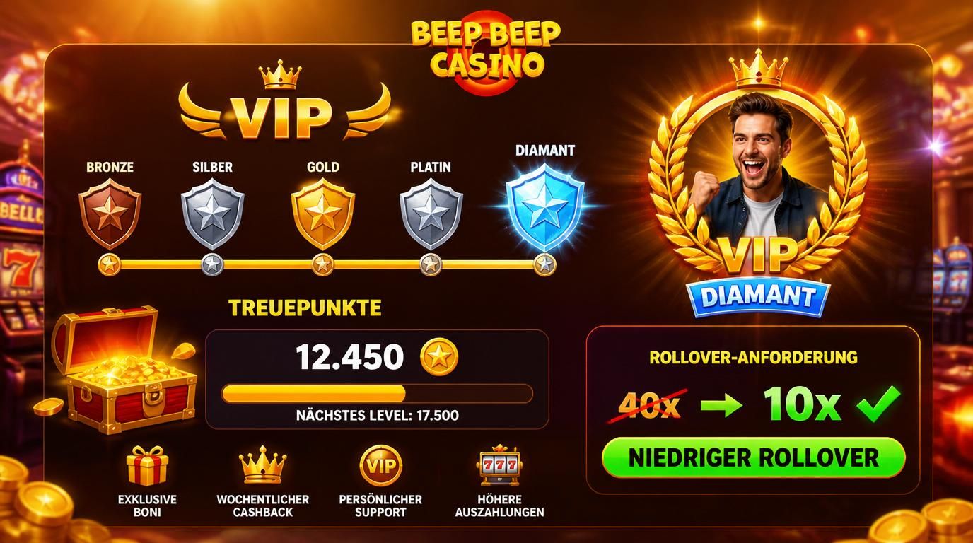 Casino-VIP-System mit Treuestufen und sichtbarem Bonus mit reduzierter Umsatzanforderung