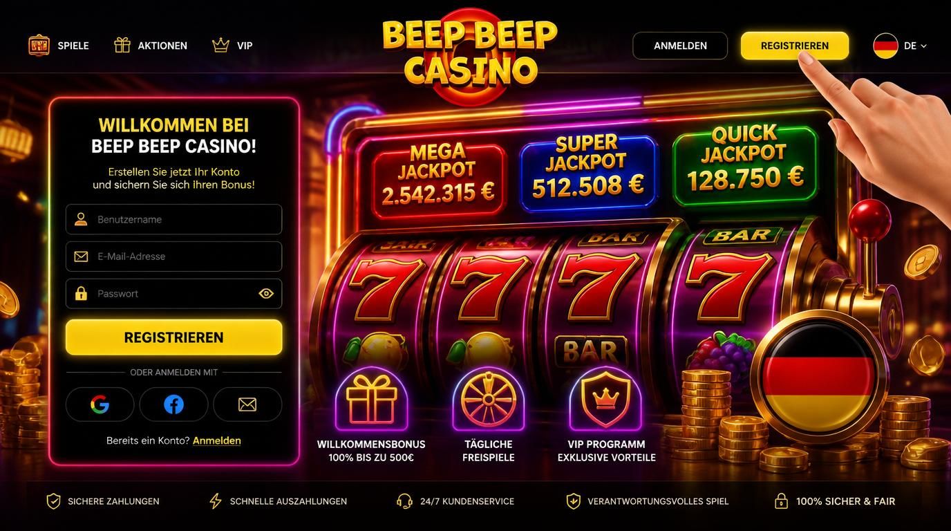 Ein Klick auf „Registrieren“ öffnet Türen zu progressiven Jackpots in hellem, einladendem Casinointerface