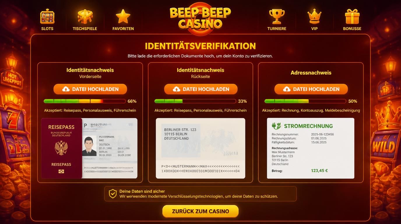 Upload-Bereich für Verifizierung mit Dokumenten wie Ausweis und Rechnung