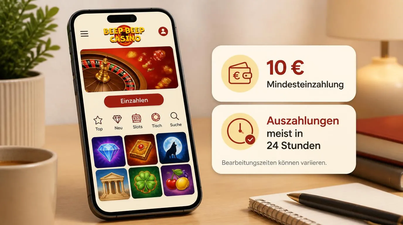Illustration eines Smartphones mit Hinweisen auf 10 € Mindesteinzahlung, Auszahlungen meist in 24 Stunden und Spielauswahl