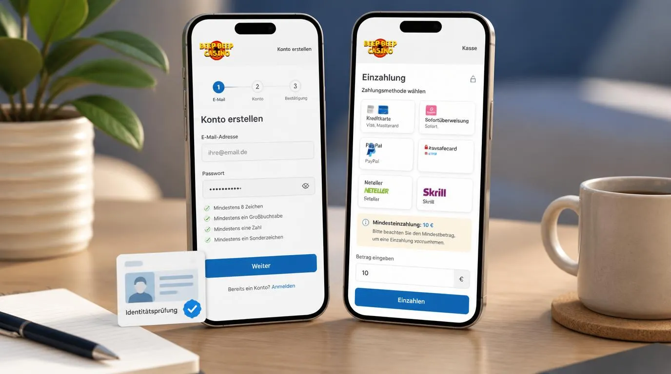Casino-Plattform auf Desktop und Smartphone mit Spielkacheln und klarer Kontonavigation